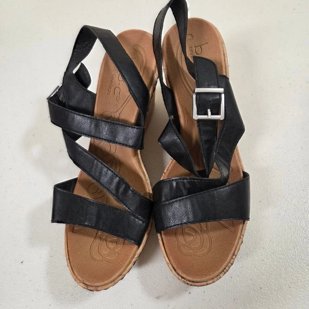 b.o.c.‎ Born Concept Womens Black Wedge Sandals Z13700 Size 9M Cork Heel Buckle